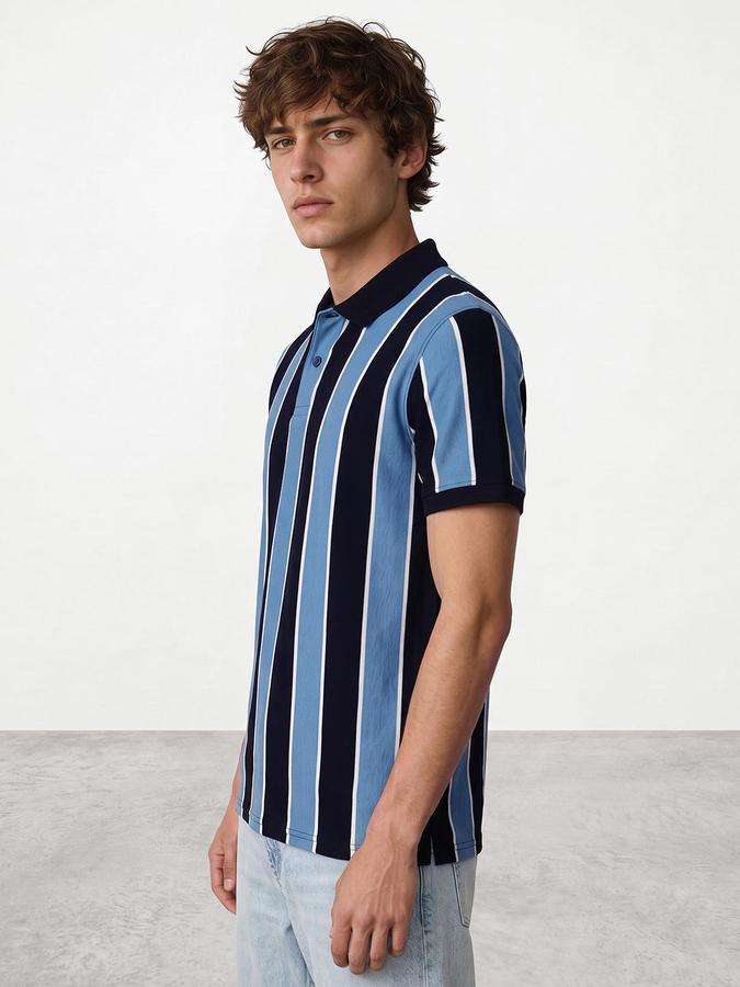 R&B Men Navy Striped Short Sleeves Polo Collar Pure Cotton T-Shirt