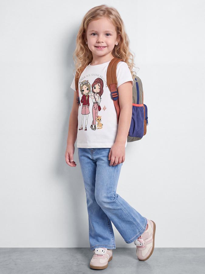 R&B Girls Ivory Kawaii Graphic Print  Short Sleeves Pure Cotton T-shirt