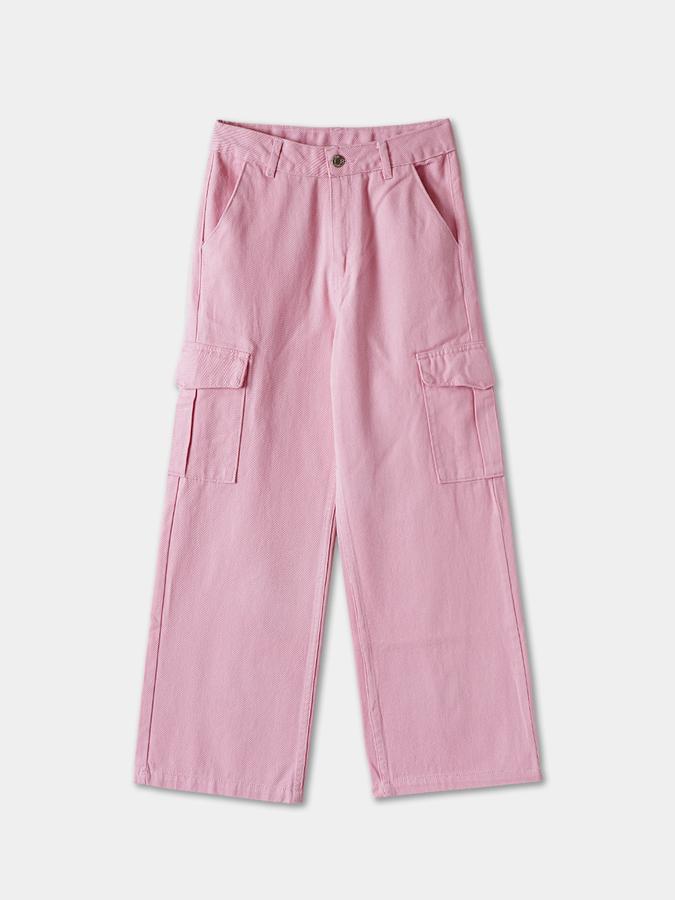 Solid Wide Leg Cargo Jeans with Button Closure