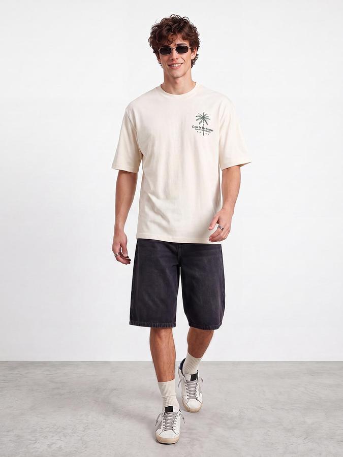 R&B Men Cream Graphic Back Print Pure Cotton Short Sleeves Tshirt