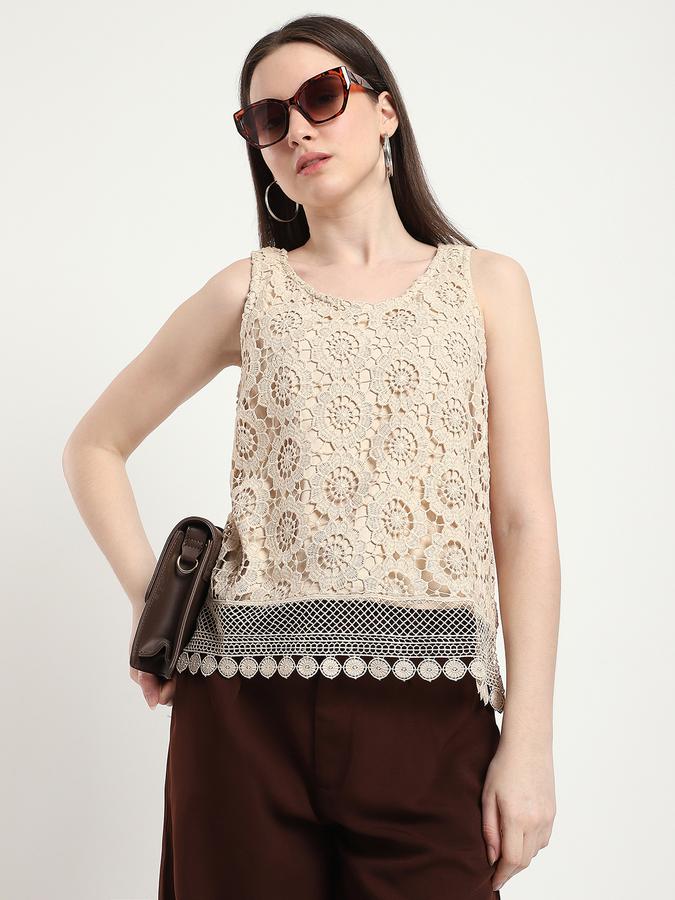 R&B Women Beige Crochet Sleeveless Top