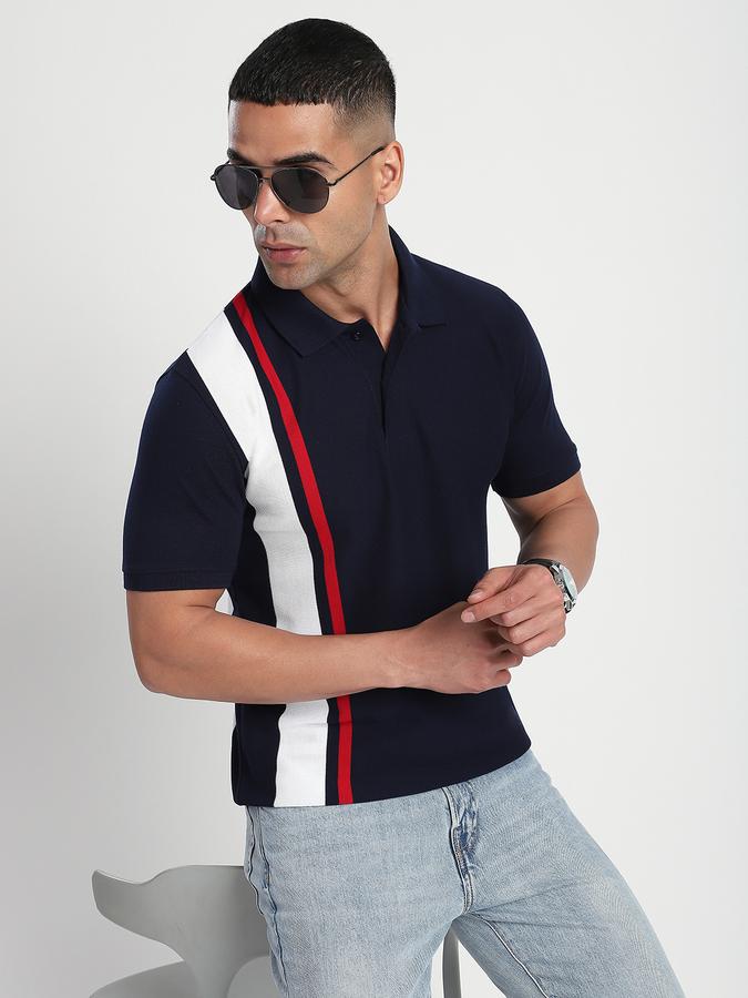 Men Cotton Blend Slim Fit Polo Neck Color Block T-shirt