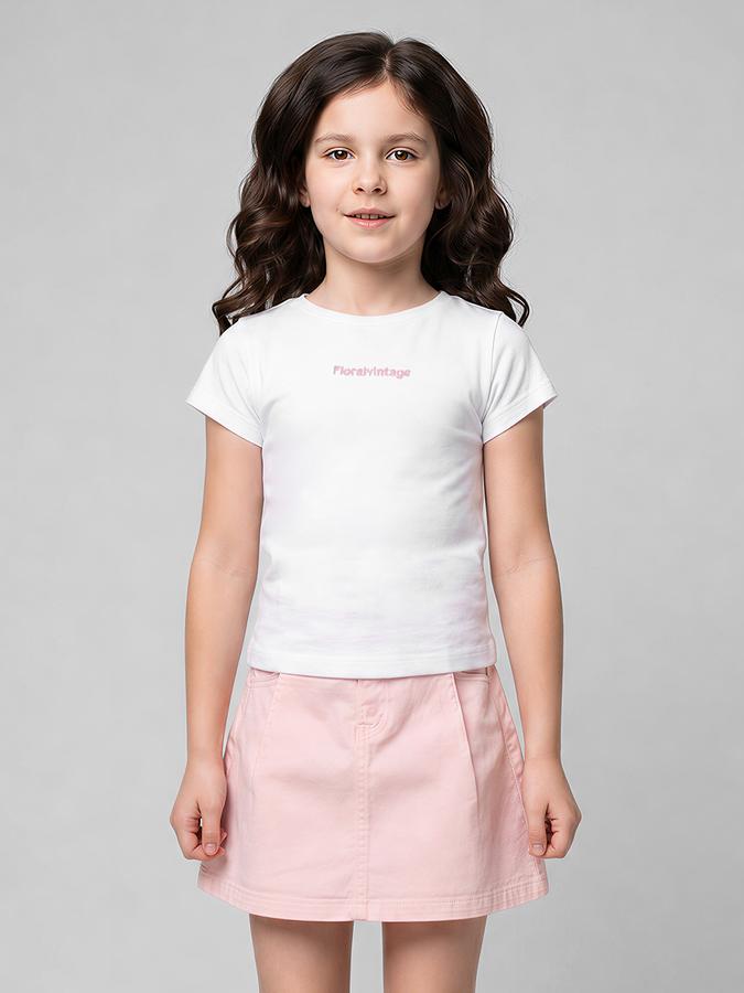 R&B White Graphic Print Girls Round Neck Regular Fit Short Sleeves T-Shirt 