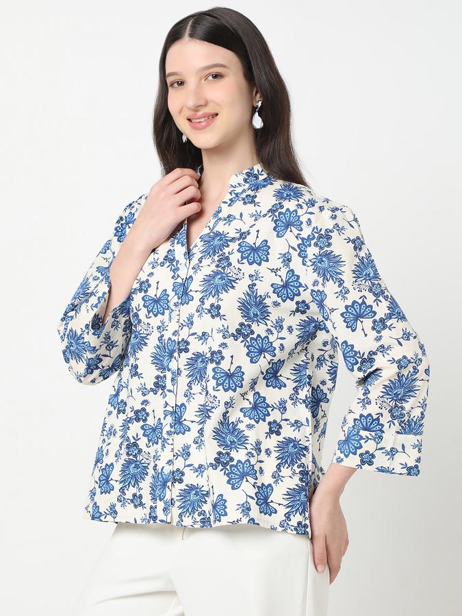 Women Cotton Regular Fit Mandarin Collar Floral Top