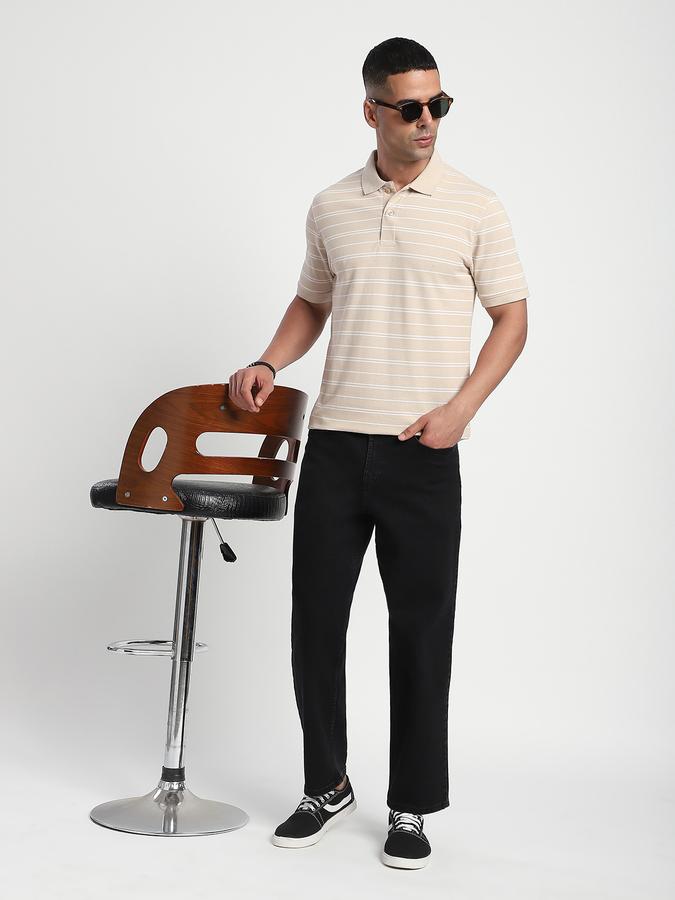 Men Cotton Blend Regular Fit Polo Neck Striped T-shirt