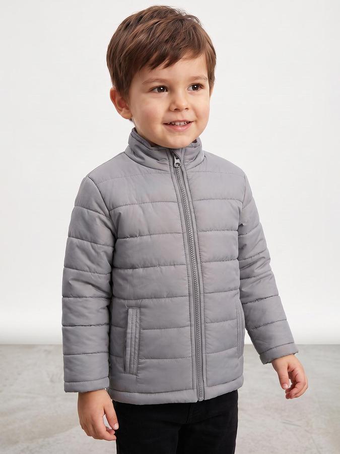 R&B Boys Grey Self Design Mock Collar Long Sleeves Puffer Jacket
