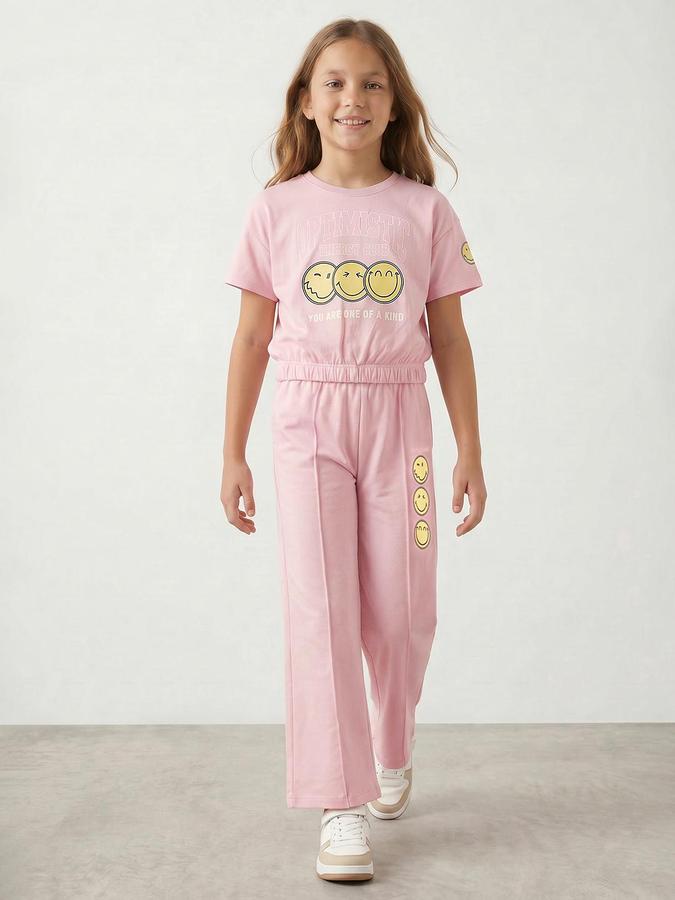R&B Girls Pink Printed Short Sleeves Round Neck Sweatshirt& Trousers Set 