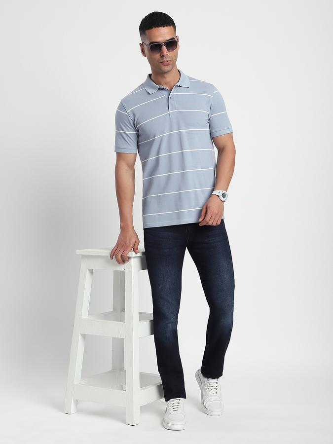 Men Cotton Blend Regular Fit Polo Neck Striped T-shirt