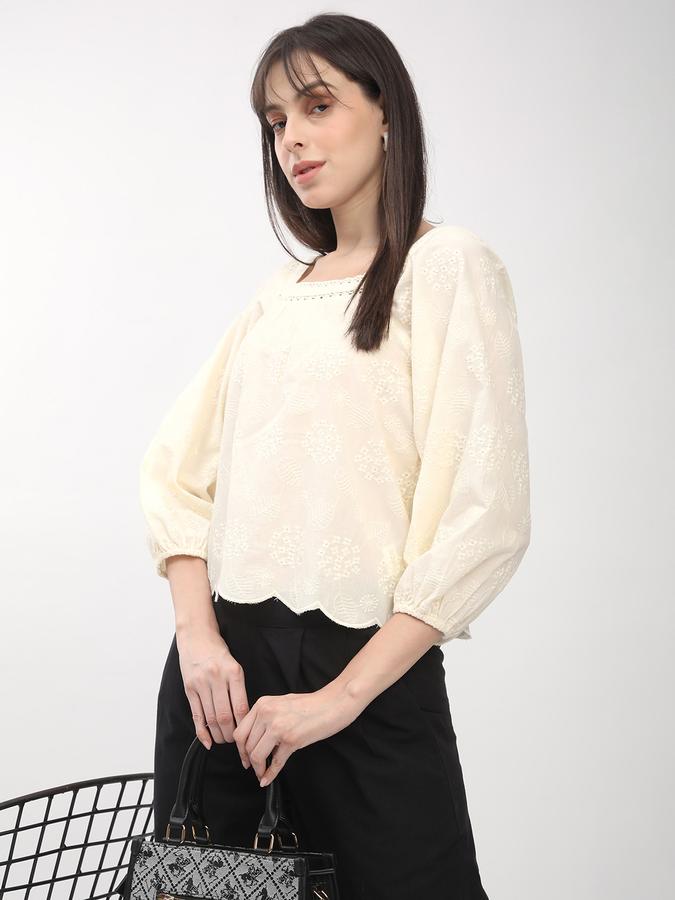 Womens's white  schiffli flared tunic with gathered sleeves 