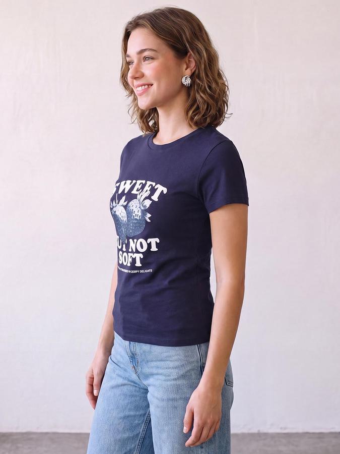 R&B Women Dark Blue Strawberry Graphic Print Round Neck Short Sleeves T-Shirt