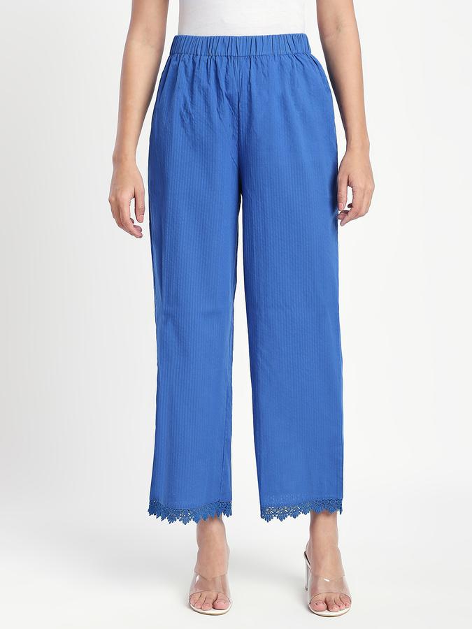 Women Cotton Wide Leg Mid Rise Lace Trim Pants