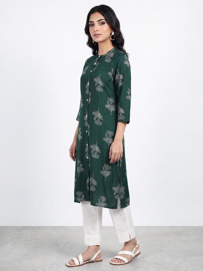 R&B Women Green Floral Print Mandarin Collar Three-Quarter Sleeves Straight Kurta