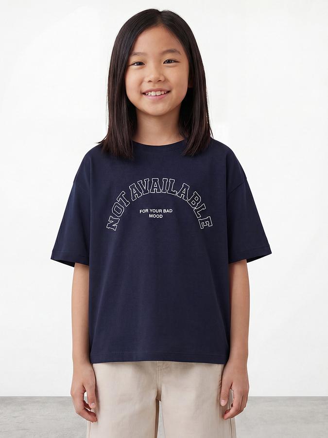 R&B Girls Navy Blue Regular Fit Typography Short Sleeve T-shirt