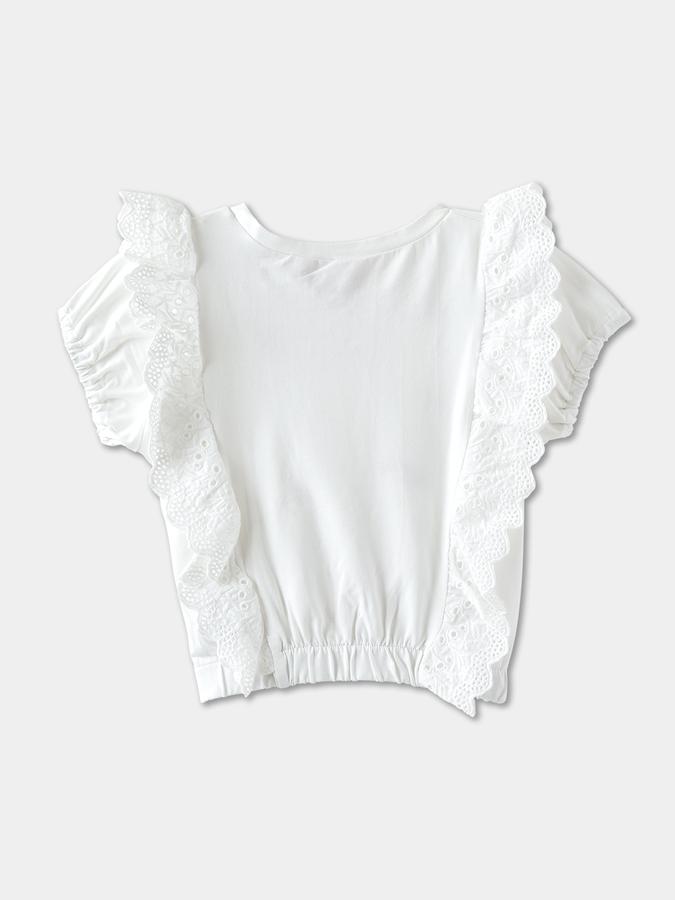 Girls Floral Embroidered Ruffled Sleeve Crew Neck Top