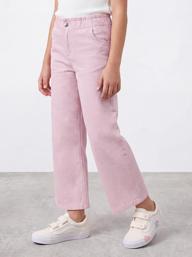 R&B Girls Pink Solid Wide Leg Mid Rise Trousers