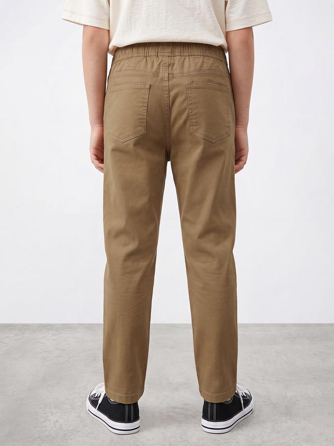 R&B Boys Khaki Solid Regular Fit Mid Rise Trousers