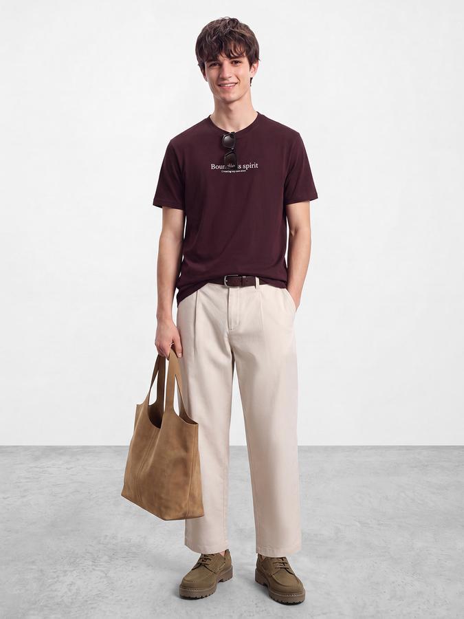 R&B Men Plum Burgundy Typographic Print Short Sleeves Pure Cotton Tshirt