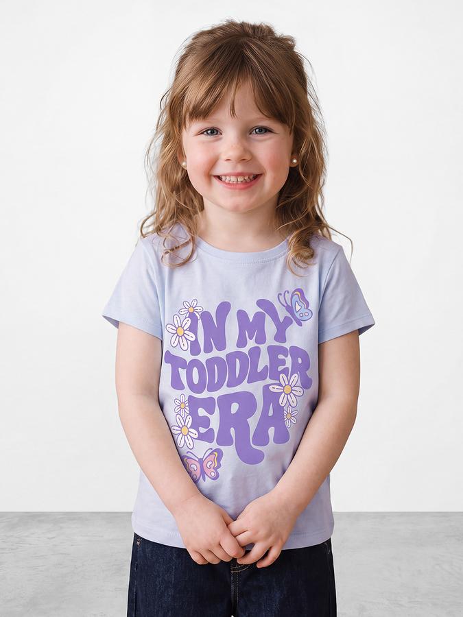 R&B Girls Blue Puff Typographic Print Short Sleeves Tshirt