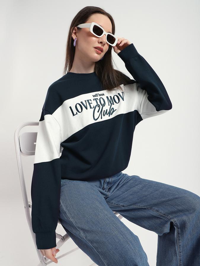 Women Cotton Relaxed Fit Round Neck Color Block Sweatshirt