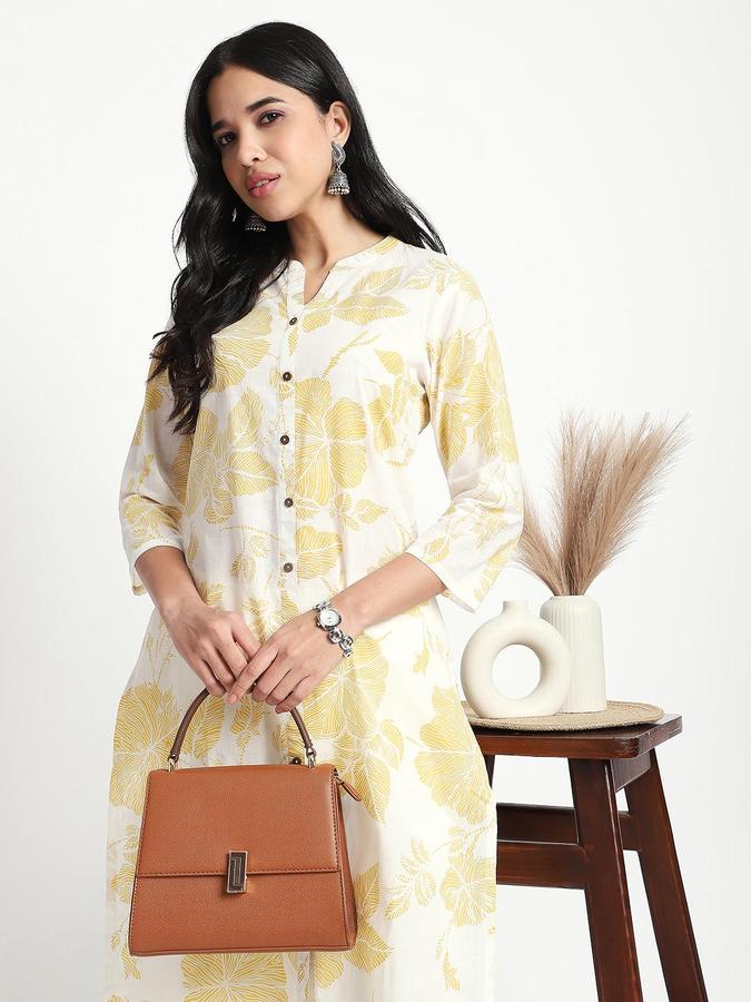 R&B Women Yellow Floral Print V-Neck Knee Length Pure Cotton Ethnic Kurta