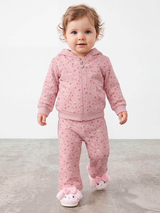 R&B Girls Light Pink Floral Print Hooded Sweatshirt & Pants Night Suit