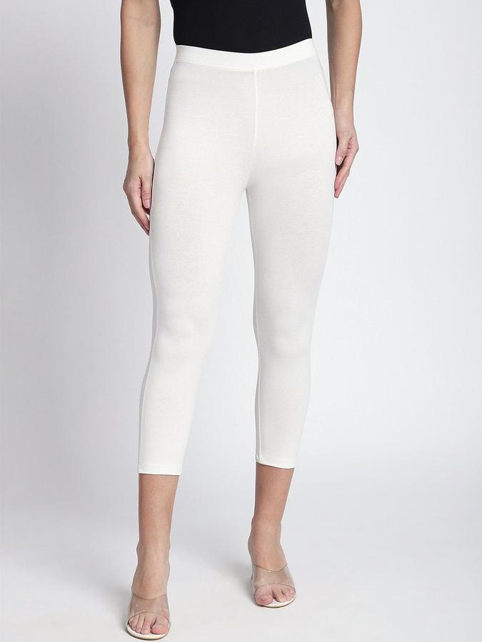 R&B Women Ivory Solid Calf Length Leggings