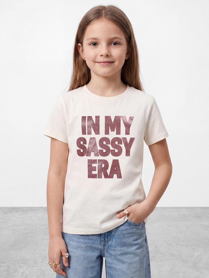 R&B Girls Beige Typographic Printed  Short Sleeves Pure Cotton T-shirt
