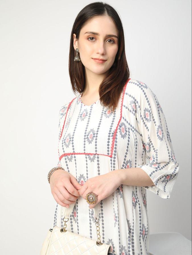 R&B White Geometric Printed Women Three-Quarter Sleeves Kurta