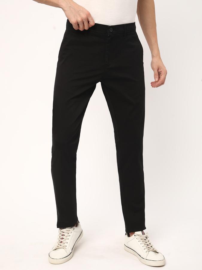 Men Cotton Slim Fit Flat Front Frayed Hem Solid Trousers