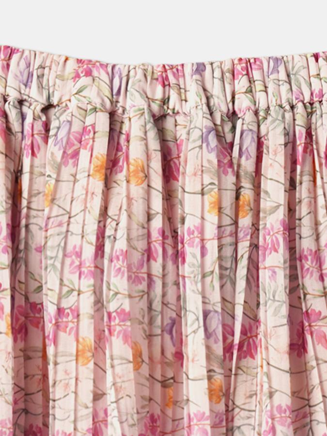 Girls Synthetic Pleated Elastic Waist Floral Skirt