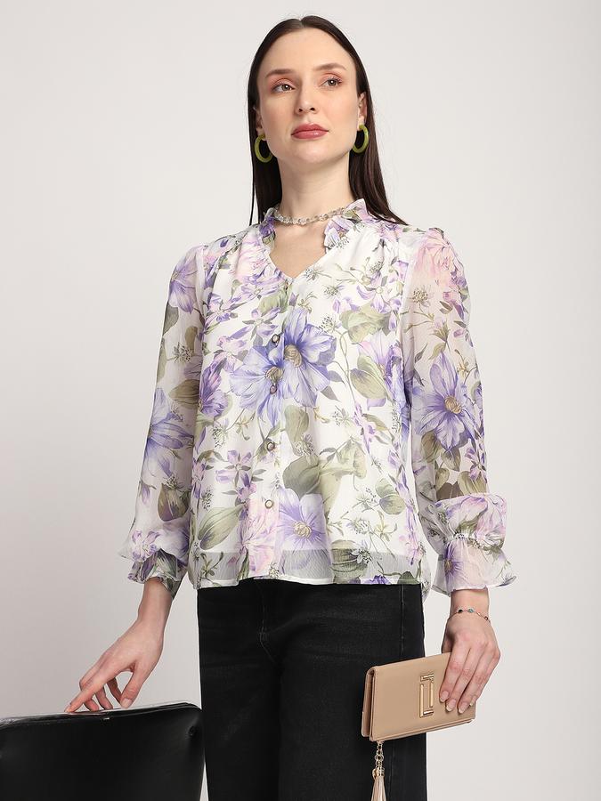 Women Polyester Regular Fit Ruffled Neckline Floral Top