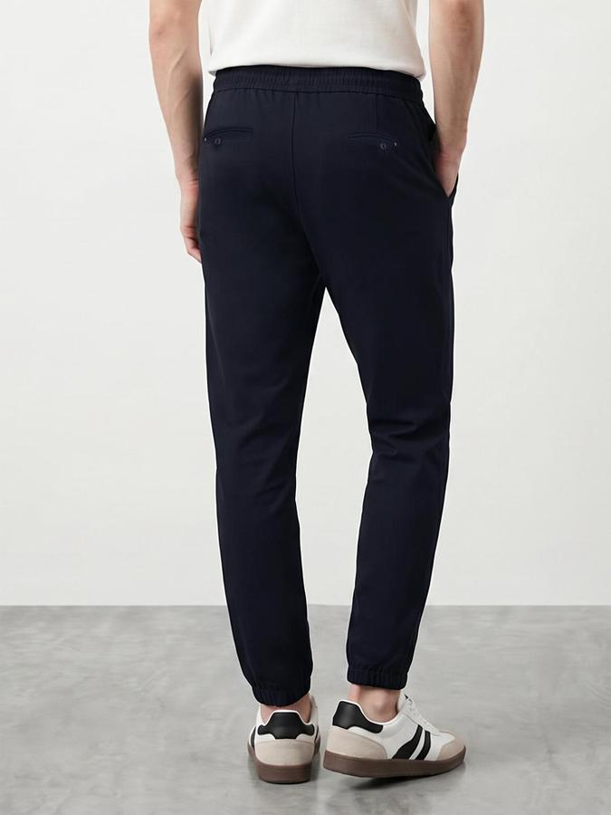 R&B Men Navy Blue Solid Relaxed Fit Trouser
