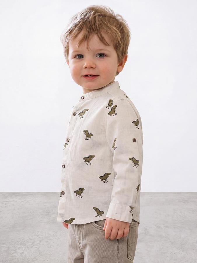 R&B Boys Beige Animal Print Mandarin Collar Long Sleeves Shirt