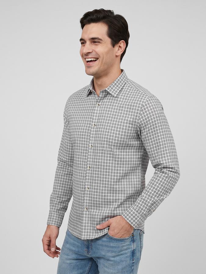R&B Brown Checked Men Spread Collar Long Sleeves Shirt