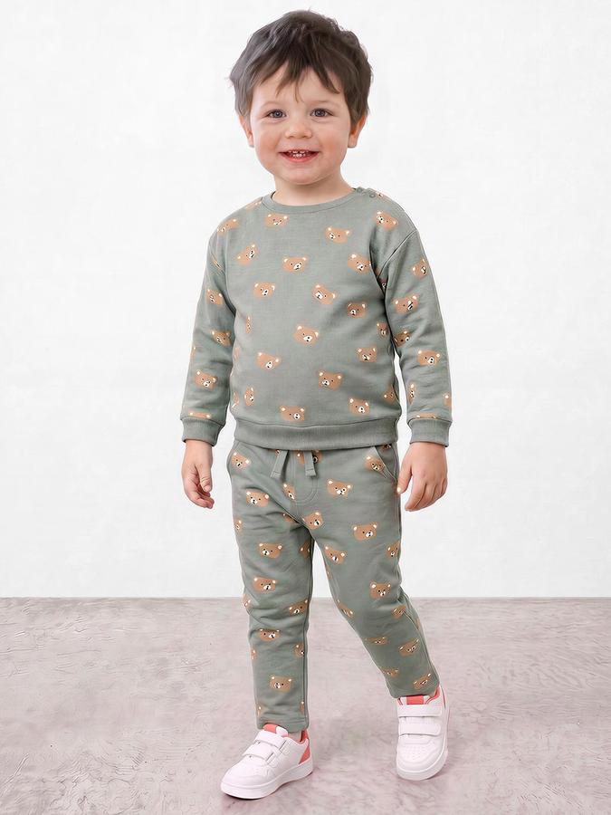 R&B Boys Green Pure Cotton Teddy Print Sweatshirt and Pant Night Suit