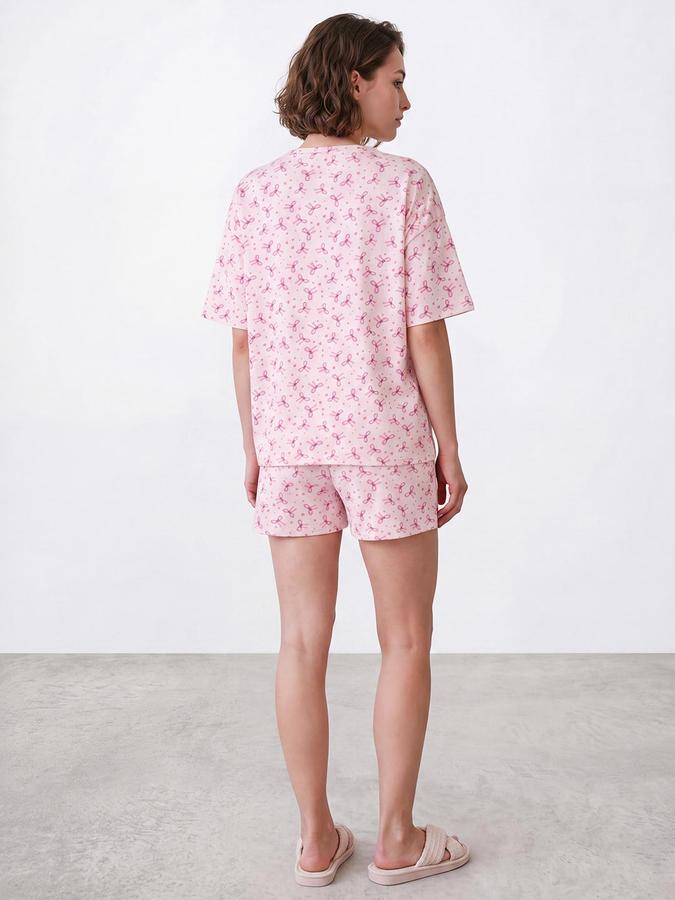 R&B Women Light Pink Bow Print Round Neck Short Sleeves Pure Cotton T-shirt & Shorts Set
