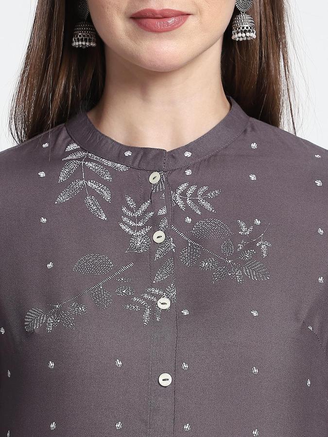 R&B Women Grey Floral Print Mandarin Collar Knee Length Pure Viscose Ethnic Kurta