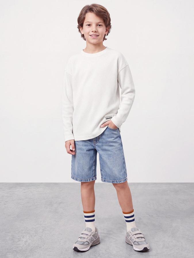 R&B Boys Ivory Long Sleeve Round Neck Textured T-Shirt