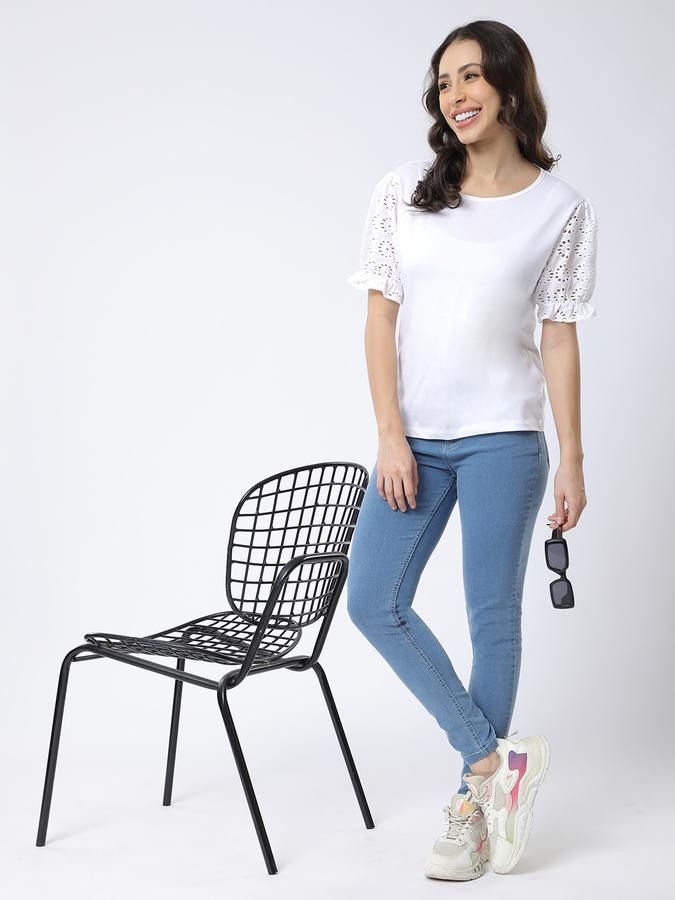 Women Cotton Slim Fit Round Neck Schiffli Top