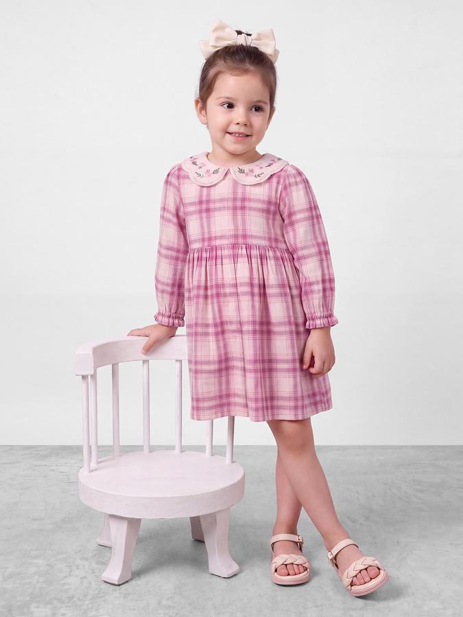R&B Girls Pink Checked Peter Pan Collar Bishop Sleeves A Line Dress