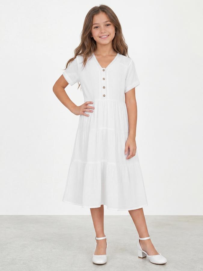 R&B Girl White Texture Pure Cotton Short Sleeves Fit and Flare Dress