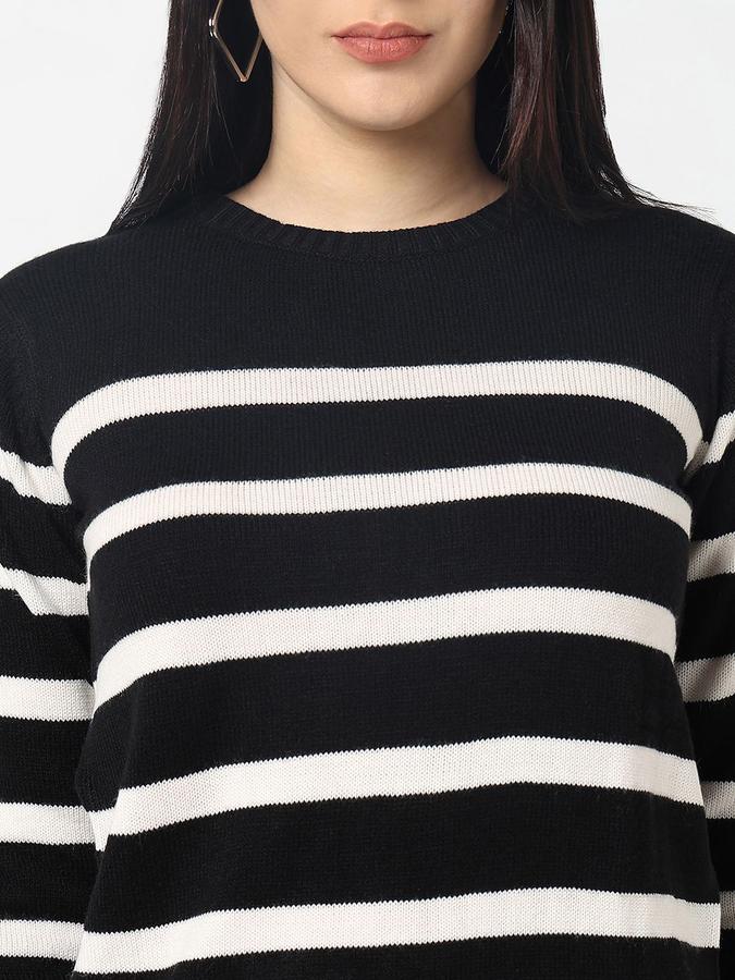 R&B Women Black Turtle Neck Striped Long Sleeves Sweater