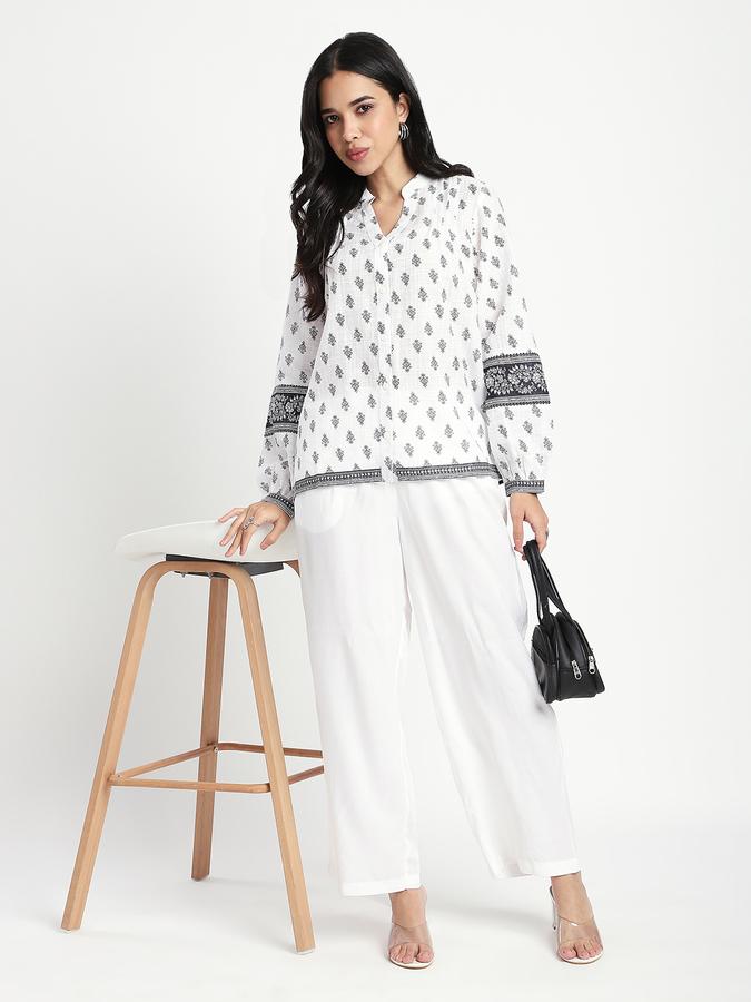 Women Cotton Relaxed Fit Band Collar Printed Top