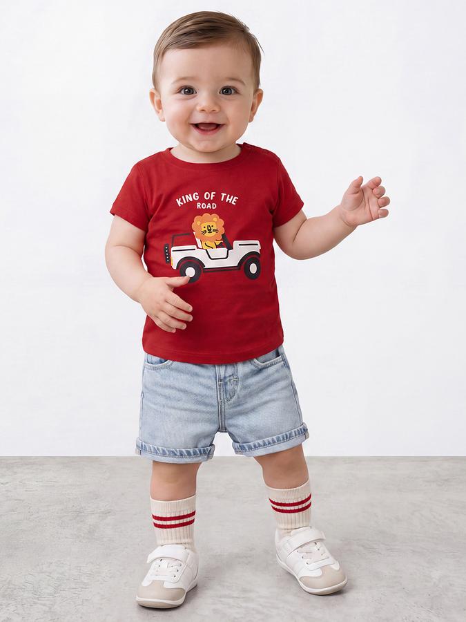 R&B Boys Red Graphic Printed  Short Sleeves Pure Cotton T-shirt