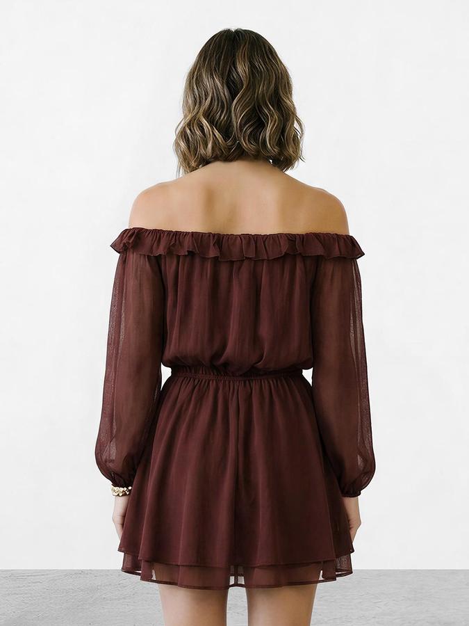 R&B Women Coffee Solid Off-shoulder Dress