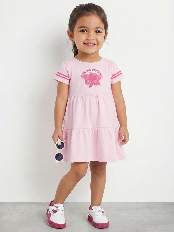 R&B Girl Pink Floral Print Pure Cotton Short Sleeves Fit and Flare Dress