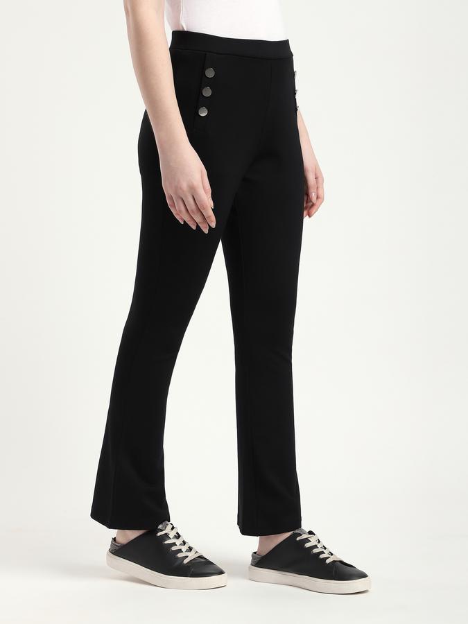 Women Polyester Kick Flare Mid Rise Solid Trousers