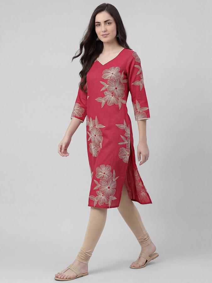 R&B Women Magenta Floral Print V-Neck Knee Length Pure Cotton Ethnic Kurta