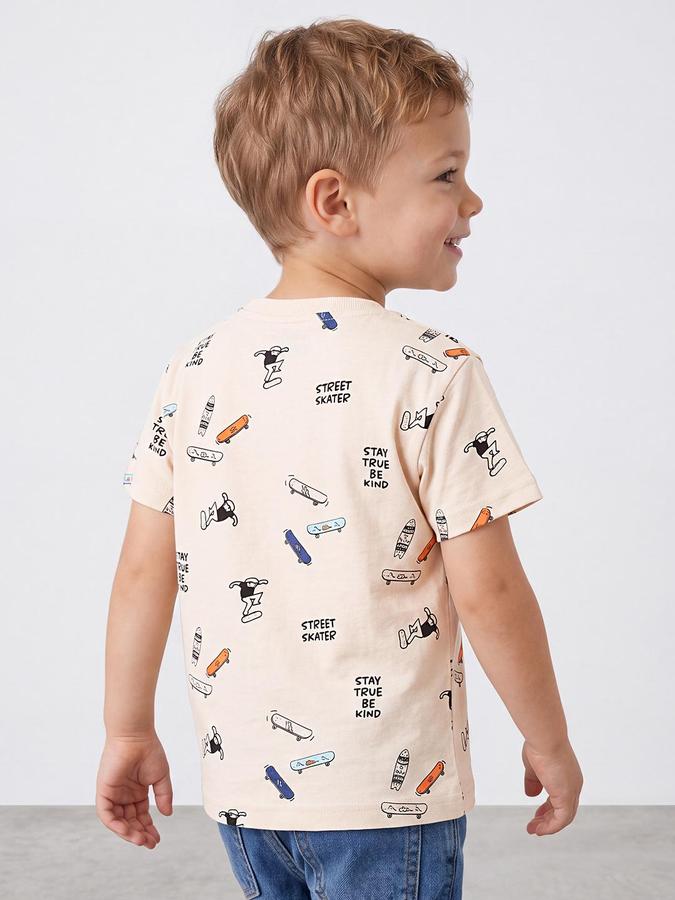 R&B Boys Beige Short Sleeve Round Neck Cute Graphic Print T-Shirt