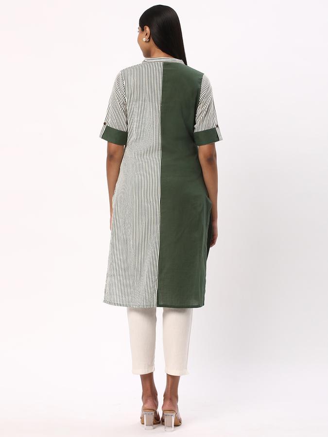 Women Cotton Flax Straight Fit Mandarin Collar Stripes Kurta
